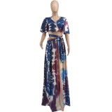 Plus Size Print Fashion Short Sleeve Long Skirt Two Piece Sets WAF-77216
