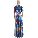 Plus Size Print Fashion Short Sleeve Long Skirt Two Piece Sets WAF-77216