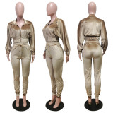 Solid Velvet Long Sleeve Zipper Two Piece Pants Set WY-6844