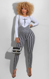 Letter Long Sleeve Top+Houndstooth Strap Jumpsuit 2 Piece Sets ORY-5210