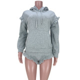 Solid Ruffle Hoodie And Shorts Two Piece Sets MDF-5264