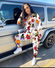 Halloween Cartoon Print Zipper Long Sleeve 2 Piece Sets WSM-2036