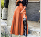 Black PU Leather High Split Maxi Skirt OLYF-6075