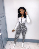 Letter Long Sleeve Top+Houndstooth Strap Jumpsuit 2 Piece Sets ORY-5210