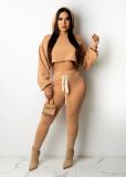 Solid Hooded Lace Up Casual Two Piece Pants Set SFY-2143