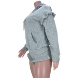 Solid Ruffle Hoodie And Shorts Two Piece Sets MDF-5264