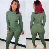 Solid Ribbed Long Sleeve Two Piece Pants Set IV-8256