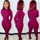 Solid Ribbed Long Sleeve Two Piece Pants Set IV-8256