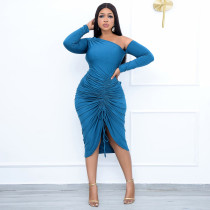 Sexy Ruched Off Shoulder Long Sleeve Midi Dress GZYF-YF8040