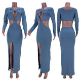 Sexy Hollow Out Long Sleeve Split Maxi Dress GZYF-YF8036