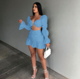 Sexy Solid Ruched Long Sleeve Crop Top Mini Skirt 2 Piece Sets AL-267
