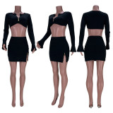 Black Zipper Flare Sleeve Mini Skirt 2 Piece Sets GZYF-YF8030