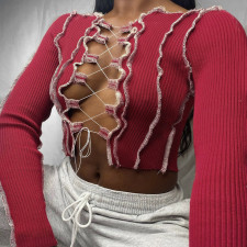 Long Sleeve Ribbed Sexy Hollow Out Tie Crop Tops FL-20417