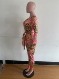 Sexy Printed Deep V Long Sleeve Sashes Jumpsuit OM-1263