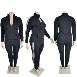 Plus Size Side Striped Zipper Long Sleeve 2 Piece Suits MUKF-062