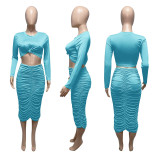 Solid Long Sleeve Ruched Long Skirt 2 Piece Sets ME-S960