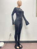 Sexy Solid Hollow Out Long Sleeve Split Leg Jumpsuit JPF-1055