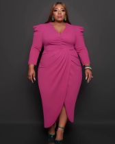 Plus Size Solid V Neck Long Sleeve Maxi Dress WAF-77297