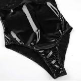 Sexy One-piece Lace See-through Patent Leather Erotic Lingerie YQ-8041