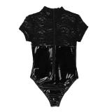 Sexy One-piece Lace See-through Patent Leather Erotic Lingerie YQ-8041