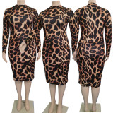 Plus Size Leopard Print Long Sleeve Midi Dress WPF-80368