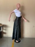 Plus Size PU Leather High Waist Big Swing Belted Maxi Skirt OD-8339-1