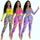 Sexy Crop Top+Mesh Printed Pants 2 Piece Sets GEYF-68523