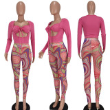 Sexy Crop Top+Mesh Printed Pants 2 Piece Sets GEYF-68523