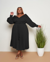 Plus Size Solid Long Sleeve Pleated Sashes Maxi Dress JRF-3659