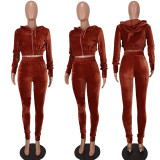 Velvet Hooded Zipper Coat And Pants 2 Piece Sets YD-8535