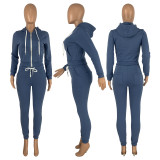 Solid Plush Hooded Zipper Coat And Pants 2 Piece Sets CH-8198