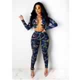 Plus Size Sexy Printed Lace Up Hollow 2 Piece Sets MDF-5267