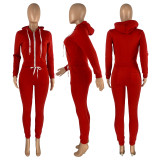 Solid Plush Hooded Zipper Coat And Pants 2 Piece Sets CH-8198