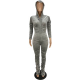 Solid Hooded Zipper Stacked Jumpsuits AWN-5110