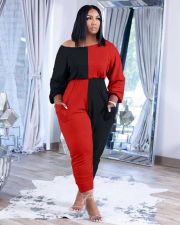 Plus Size Patchwork Long Sleeve Stacked Jumpsuit XSF-6073