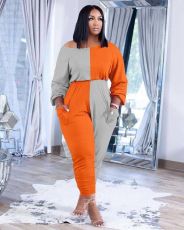 Plus Size Patchwork Long Sleeve Stacked Jumpsuit XSF-6073