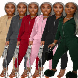 Plus Size Solid Hooded Zipper 2 Piece Pants Set SHA-86272