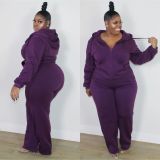 Plus Size Solid Hooded Zipper Coat And Pants 2 Piece Sets CQ-150