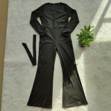 Black V Neck Long Sleeve Sashes Jumpsuit CY-6535