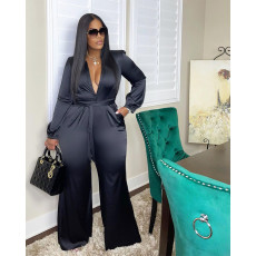 Black V Neck Long Sleeve Sashes Jumpsuit CY-6535