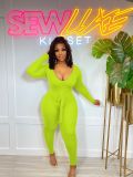 Solid Ribbed Long Sleeve Sashes Jumpsuit ZDF-31171