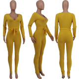 Solid Ribbed Long Sleeve Sashes Jumpsuit ZDF-31171