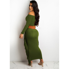 Solid Sexy Tassel Long Sleeve Maxi Dress (Without Belt) SHE-7288