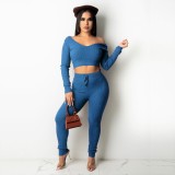 Plus Size Solid Ribbed Long Sleeve 2 Piece Pants Set HNIF-060