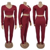 Plus Size Solid Ribbed Long Sleeve 2 Piece Pants Set HNIF-060