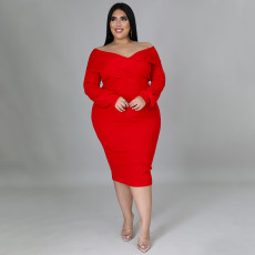 Plus Size Solid V Neck Long Sleeve Midi Dress NNWF-7371