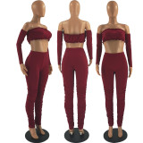 Sexy Off Shoulder Long Sleeve Stacked Pants 2 Piece Sets FOSF-8107