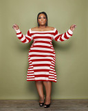 Plus Size Striped Long Sleeve Midi Dress WAF-77310