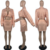 Plus Size Houndstooth Long Sleeve Mini Skirt 2 Piece Sets YFS-10019