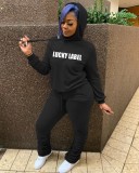 Plus Size LUCKY LABEL Letter Hoodie Stacked Pants 2 Piece Sets WUM-W920